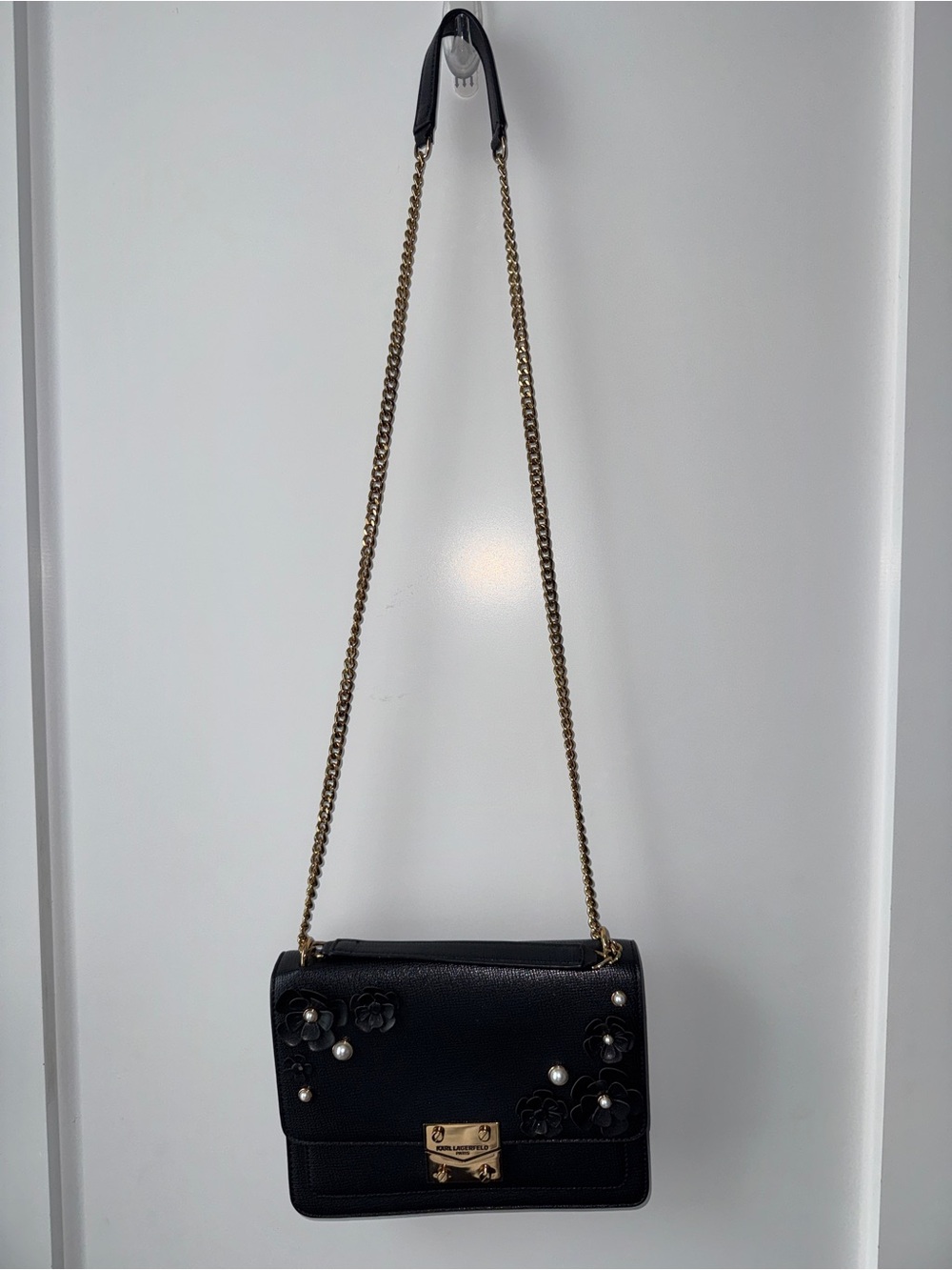 Karl Lagerfeld Black Floral-Appliqué Crossbody with Gold Hardware